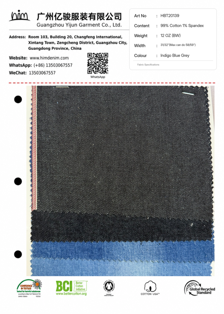 In-Stock Selvedge Denim 02 hbt20139 12oz indigo blue grey